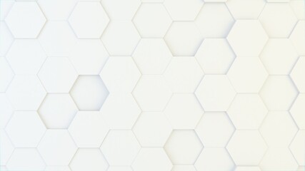 Abstract geometric background of randomly extruded big white hexagons, 3D render illustration
