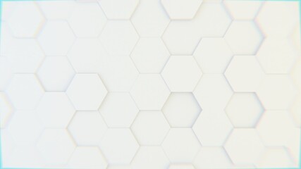 Abstract geometric background of randomly extruded big white hexagons, 3D render illustration