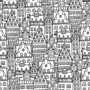 Vector illustration house vintage building urban town architecture doodle cartoon outline monochrome seamless pattern print white background