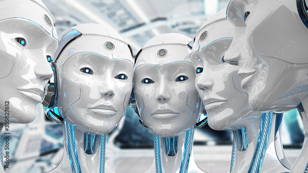 Aufkleber group of female robots close to each others cyborg army concept 3d rendering