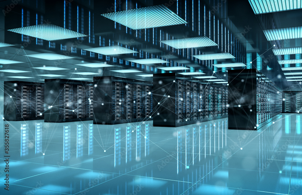 Fototapete connection network in servers data center room storage systems 3d rendering