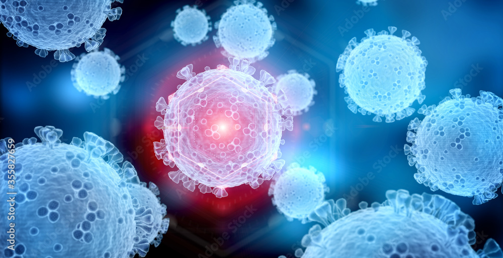 Poster wireframe hologram microscopic close-up of the covid-19 disease. coronavirus illness spreading in bo