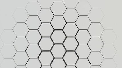 Abstract geometric background of extruded white hexagons, 3D render illustration