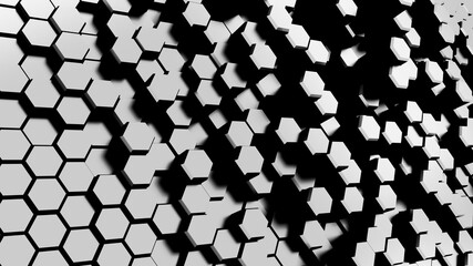 Obraz premium Abstract geometric background of randomly extruded metal hexagons, 3D render illustration