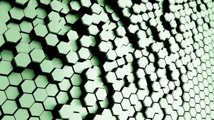 Abstract geometric background of randomly extruded green hexagons, 3D render illustration