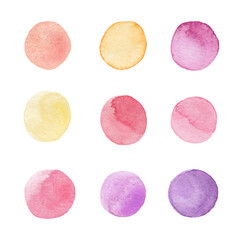 Set of colorful watercolor hand painted circle isolated on white. Watercolor illustration for art design. Round spots, drops of yellow, red and pink colors