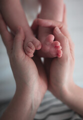 Woman hands holding baby feet closeup