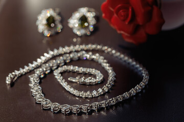 silver chain with precious stones on a brown table, against a background of red rose and earrings with stones