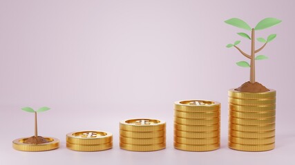 3D Render Money Tree bank growth concepts. Money coin stack growing plant for savings. Business Financial investmenmt concept,Step up Business growing concept