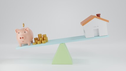 3d Render Piggy bank balance between house for finance concept. Compare piggy bank and house on the seesaw. Save money for investment concept. Less is more efficient saving. Investments growth concept
