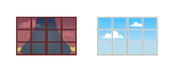 A set of window frames. Reflection of a Sunny day in the glass. The view from the window at the sky with clouds. Vector illustration.