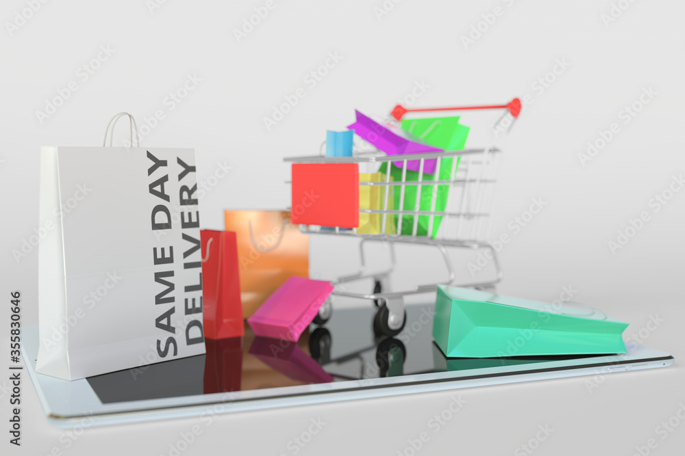 Poster shopping cart on a tablet computer and paper bag with same day delivery text. e-commerce related 3d 