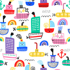 Childish seamless pattern with hand drawn sea ships and submarines. Summer bright background for fabric design. Scandinavian style. Bright colors.