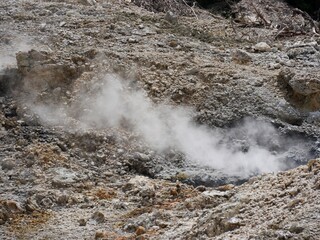  Close up of the ground at the drive-thru volcano in Sulphur Springs, St Lucia, Caribbean Islands