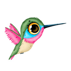 Illustration of a cute cartoon flying hummingbird isolated on a white background. Green, pink and blue hummingbird. © Bonbonny