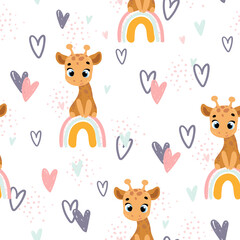 Obraz premium Vector pattern with cute animals and rainbow. Vector seamless pattern. Perfect for fabric, wallpaper, textile, wrapping paper or nursery decor