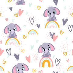 Vector pattern with cute animals and rainbow. Vector seamless pattern. Perfect for fabric, wallpaper, textile, wrapping paper or nursery decor