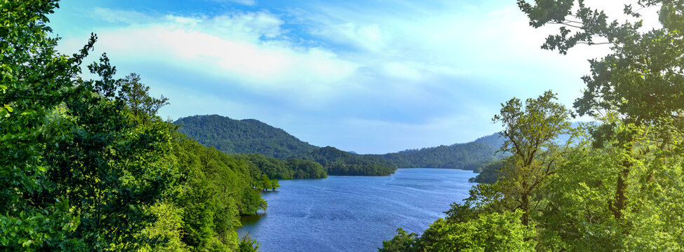 Mountain lake between by mountains. Lake in Khanbulan Reservoir - Lankaran City, Azerbaijan