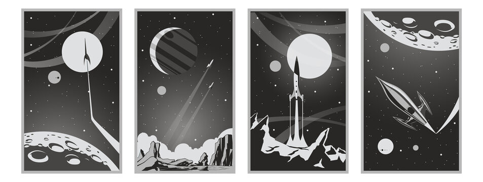 Fantastic Black and White Retro Movie Posters Stylization, Space Journeys Illustrations, Retro Future Space Rockets, Alien Planets