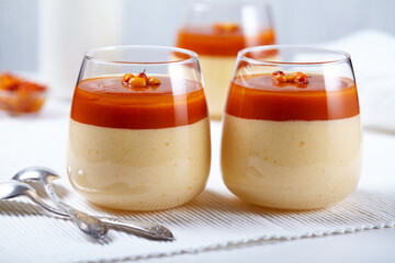Two glasses of excellent sea buckthorn mousse with coolies. Autumn berry dessert.