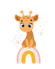 Poster with cute animal. Giraffe. Cartoon character. Vector illustration for t-shirt prints, greeting cards, posters, room decor