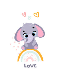 Poster with cute animal. Elephant. Cartoon character. Vector illustration for t-shirt prints, greeting cards, posters, room decor