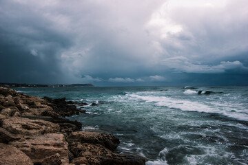 waves in the mediterranean sea during rain in Cyprus
