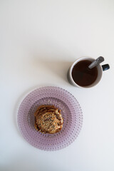 Dreamy and healthy pancakes on violet plate. Sunday breakfast. Realfood, realfooding
