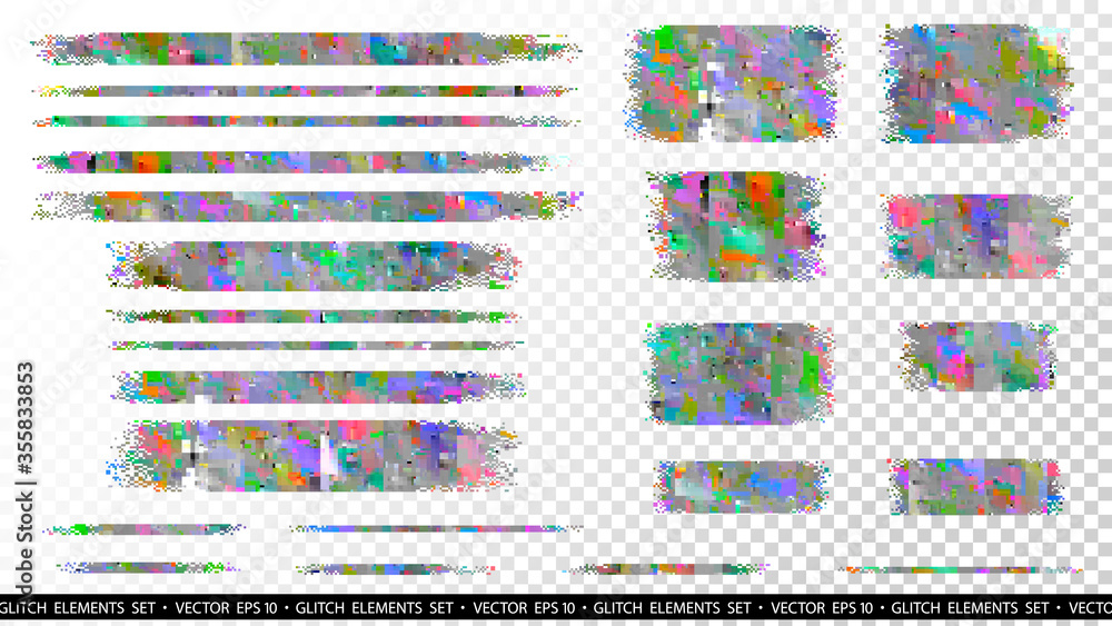 Poster glitch elements set. digital pixel noise. signal fail. screen technical problem. tv no signal. glitc