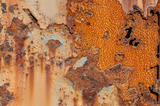 Rust stain weathered texture iron steel metal background with rusty peeling blistering paint stock photo