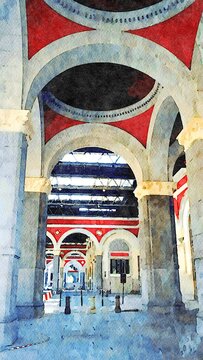 Watercolorstyle Representing The Arcades At The Entrance Of The Historic Turin Station In Italy