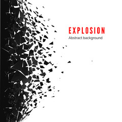 Abstract cloud of pieces and fragments after wall explosion. Demolition black wall. Shatter and destruction effect. Vector illustration - obrazy, fototapety, plakaty