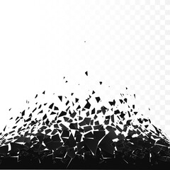 Abstract cloud of pieces and fragments after explosion. Demolition black surface. Shatter and destruction effect. Vector illustration isolated on transparent