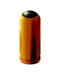3d golden pistol cartridge with rubber bullet isolated for traumatic weapons. Realistic Gold or brass on light background, for firing, illustration with reflection