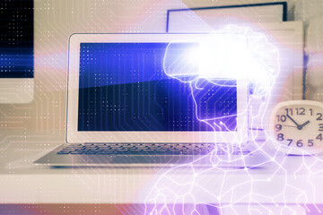 Computer on desktop with AR theme icon. Multi exposure. Concept of augmented reality.