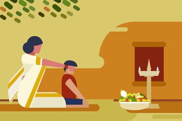 Mother takes her child to look at the  auspicious items. A traditional gesture in the 'Vishu' festival in Kerala