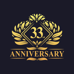 33 years Anniversary Logo, Luxury floral golden 33rd anniversary logo.
