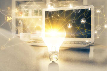 Computer on desktop with social network theme icon. Multi exposure. Concept of international...