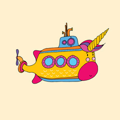 Unicorn whale narval submarine with horn vector icon isolated on yellow. Sillouette sticker, patch badge. Cute magic cartoon fantasy cute animal. Dream symbol. Design for children © larysaray