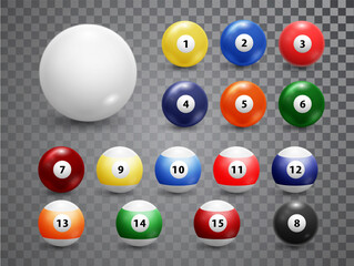 Billiard balls, american pool accessory set. Realistic balls on transparent background. Vector design elements