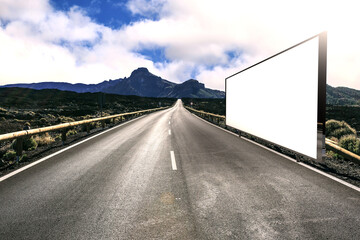 Road advertising horizontal billboard mockup at mountain 3d rendering