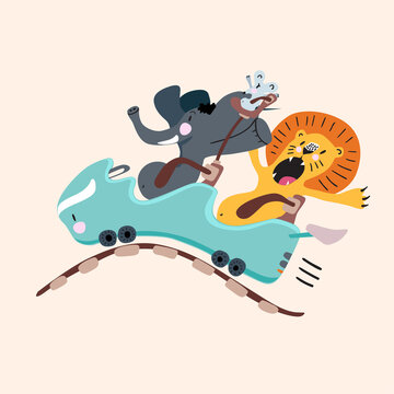 Elephant, lion, and mouse on rollercoaster with various emotions. Cartoon flat childish illustration.