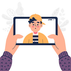Flat design close up of boy talk chat on video call on tablet vector illustration