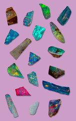 Collage of Australian precious opal on pink. 