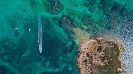 Aerial Ocean Top View with Island and Boats at Pinarello Beach