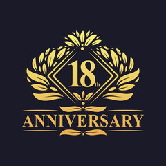18 years Anniversary Logo, Luxury floral golden 18th anniversary logo.
