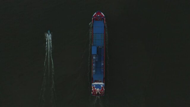 Drone aerial view of general cargo ship seen from above.
