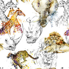watercolor seamless patterns with african safari animals.  Elephant. Rhino. Giraffe. Lion. Cheetah