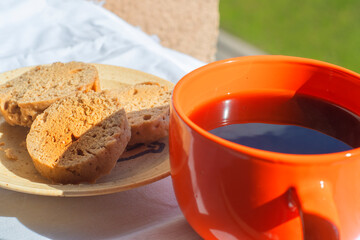 Still life breakfast of coffee and homemade muffins