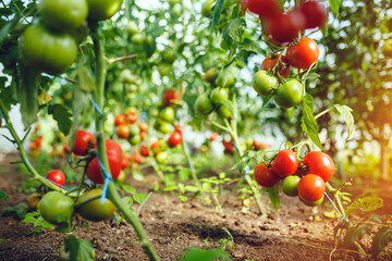 Organic red ripe tomatoes grown in a greenhouse